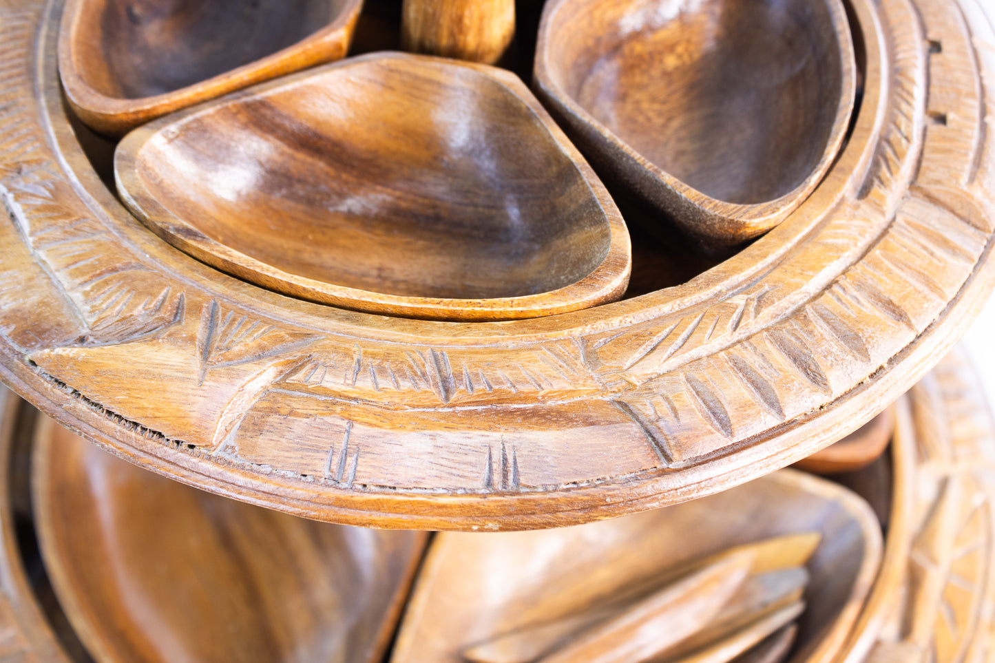 Vintage Hand-Carved Wooden Lazy Susan with Dual Spinning Tiers & Serving Bowls