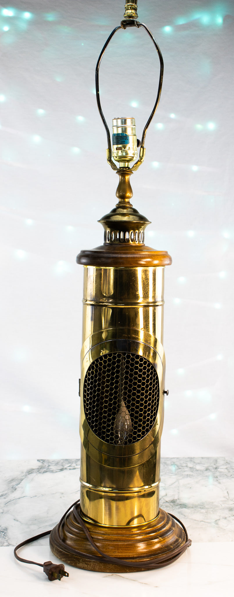 Tall Vintage Brass & Wood Statement Lamp | Mid-Century Flame Style Lighting