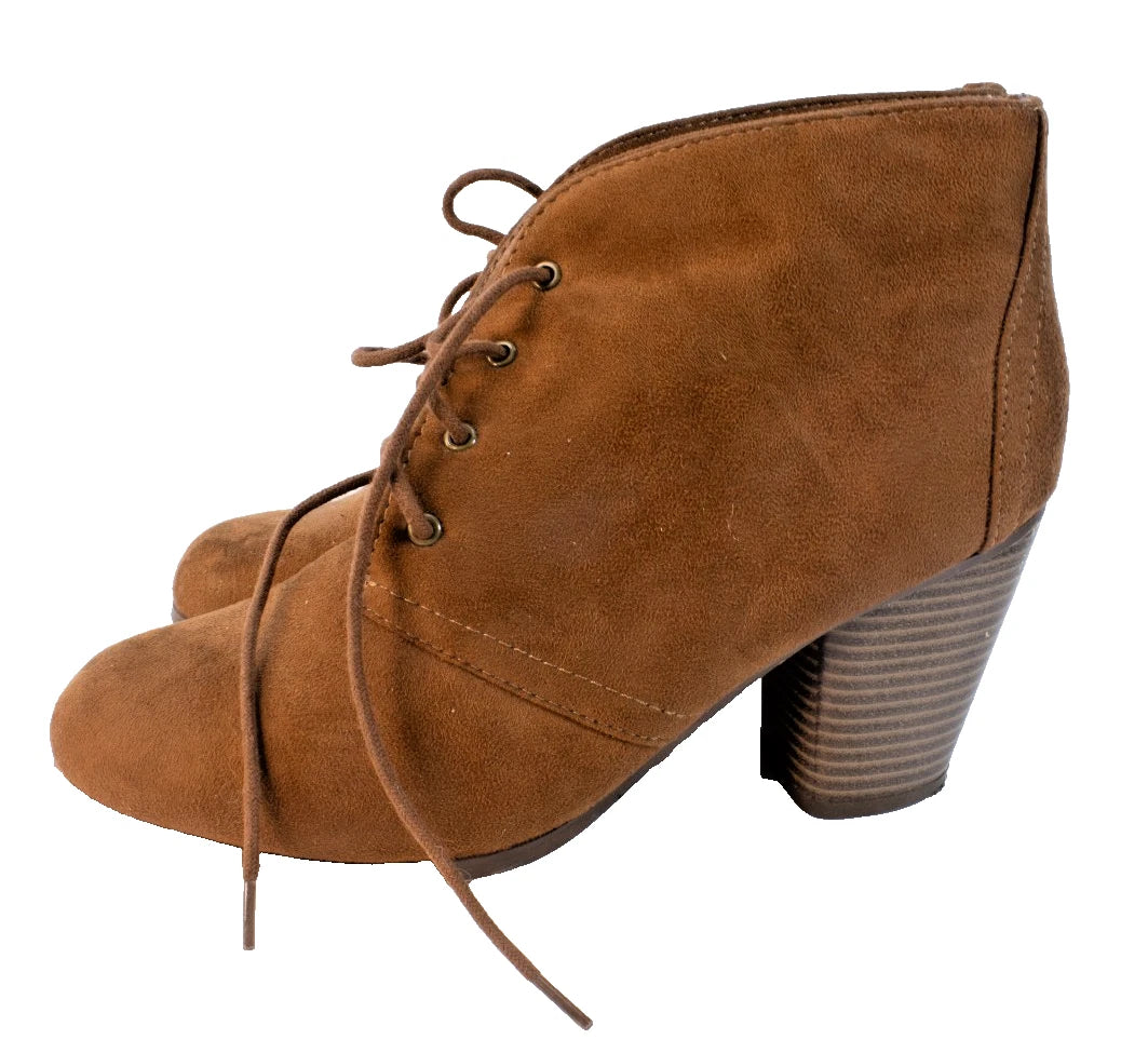 Y-Not? Cognac Faux-Suede Lace-Up Ankle Booties (Stacked Heel)