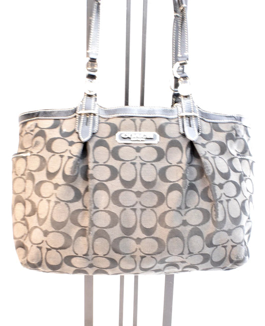 Coach F15141 Signature Stripe Tote – Black Patent Trim, Blue Lining