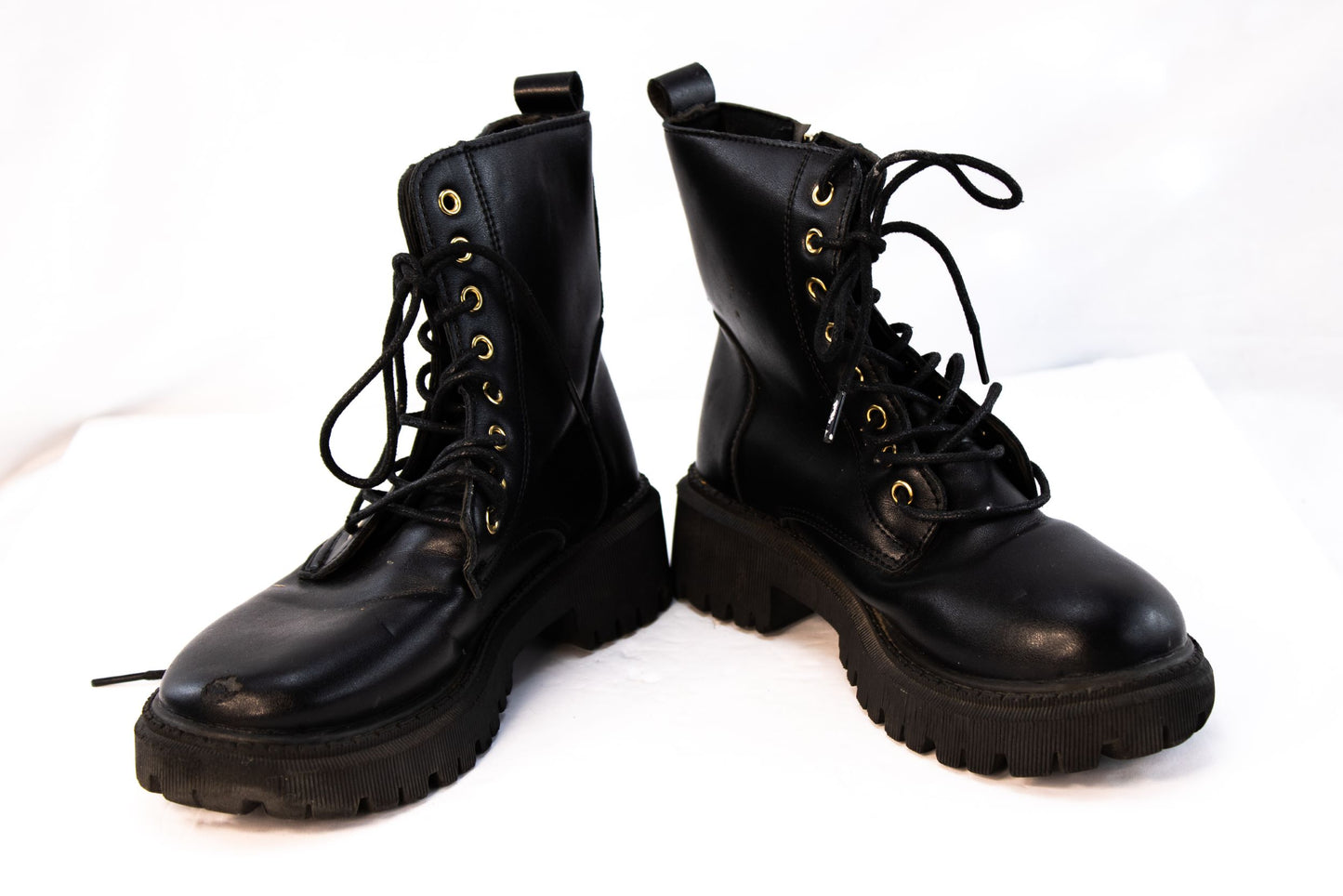 Black Leather Combat Boots Womens EU 38 US 7 Lace Up Lug Sole Zipper