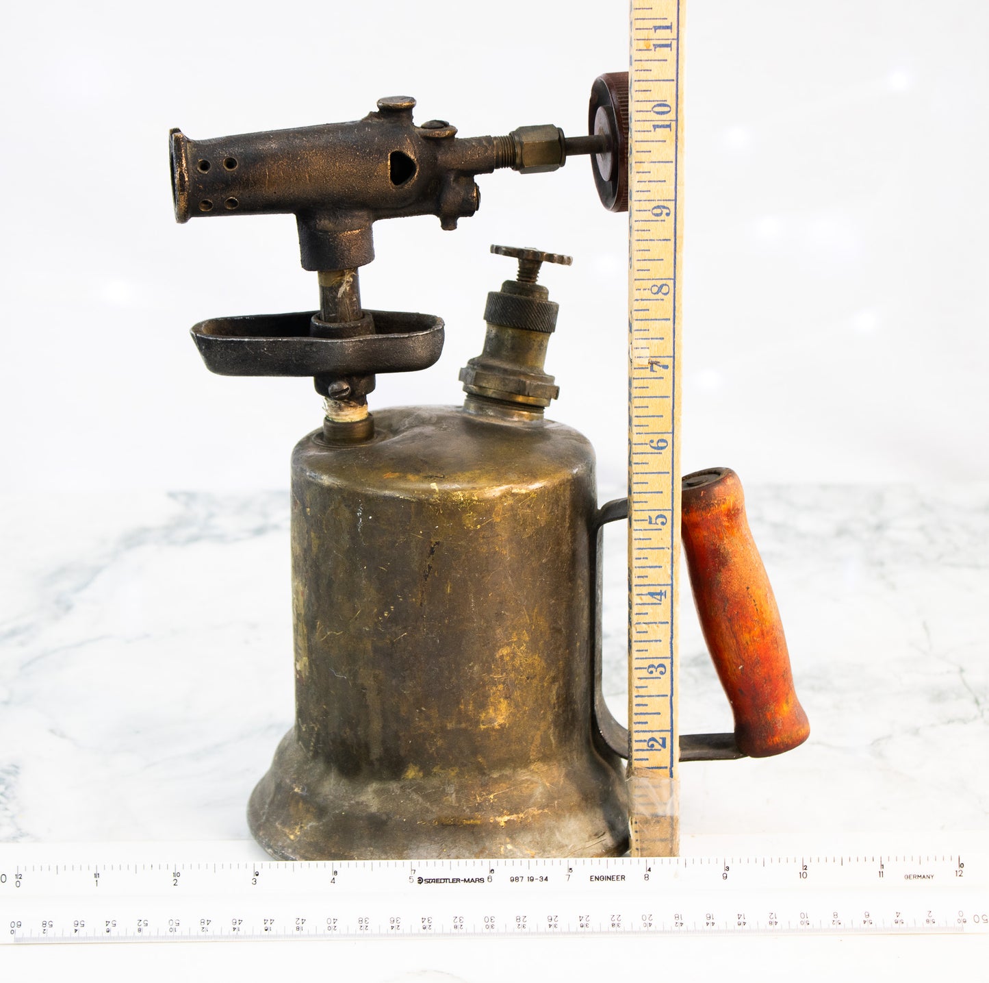 Antique Brass Blowtorch Gasoline Torch w Wood Handle Otto Bernz Era