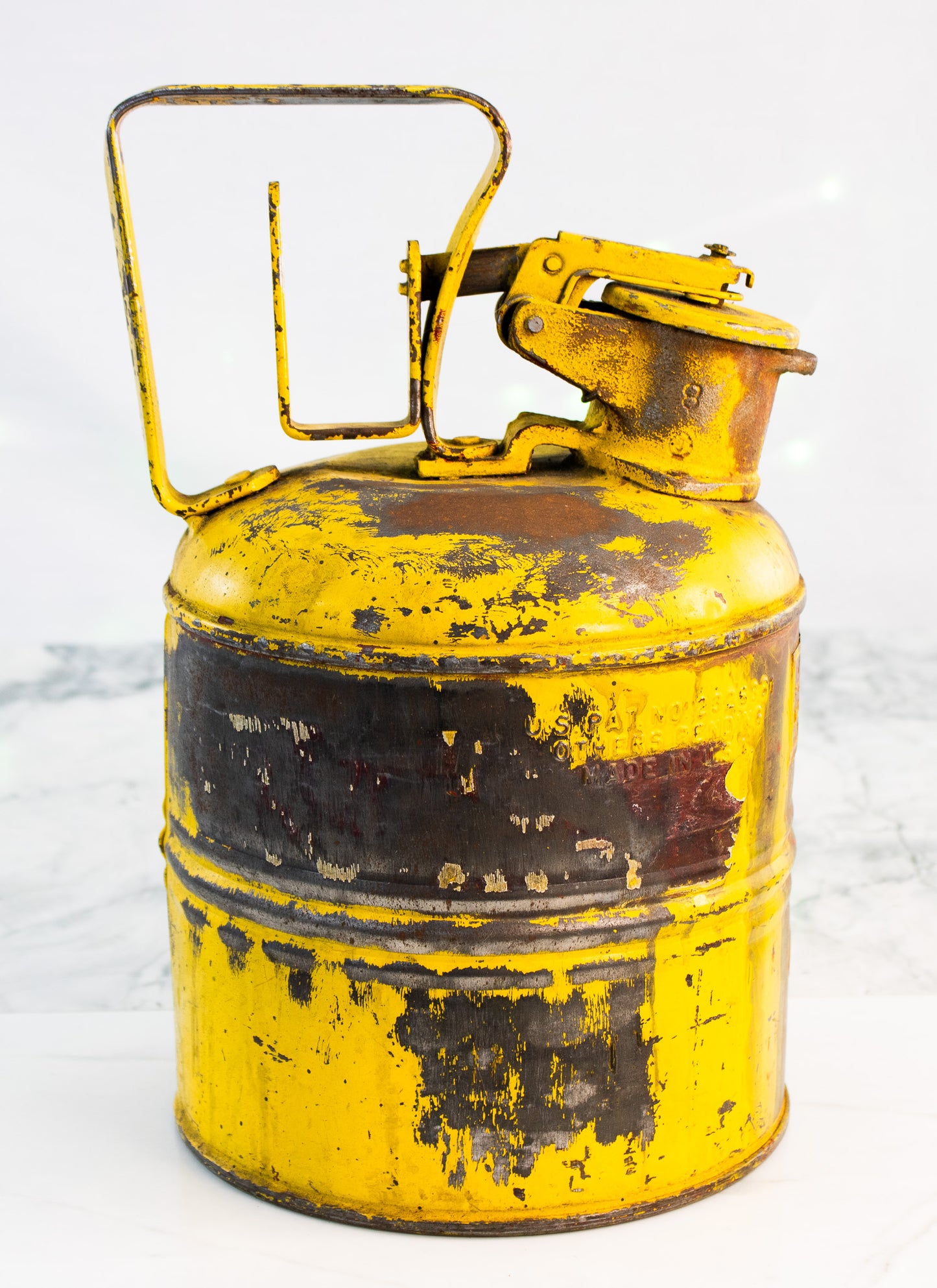 Vintage Justrite Safety Can – Chicago Industrial Metal Fuel Can, Yellow, Mid-Century