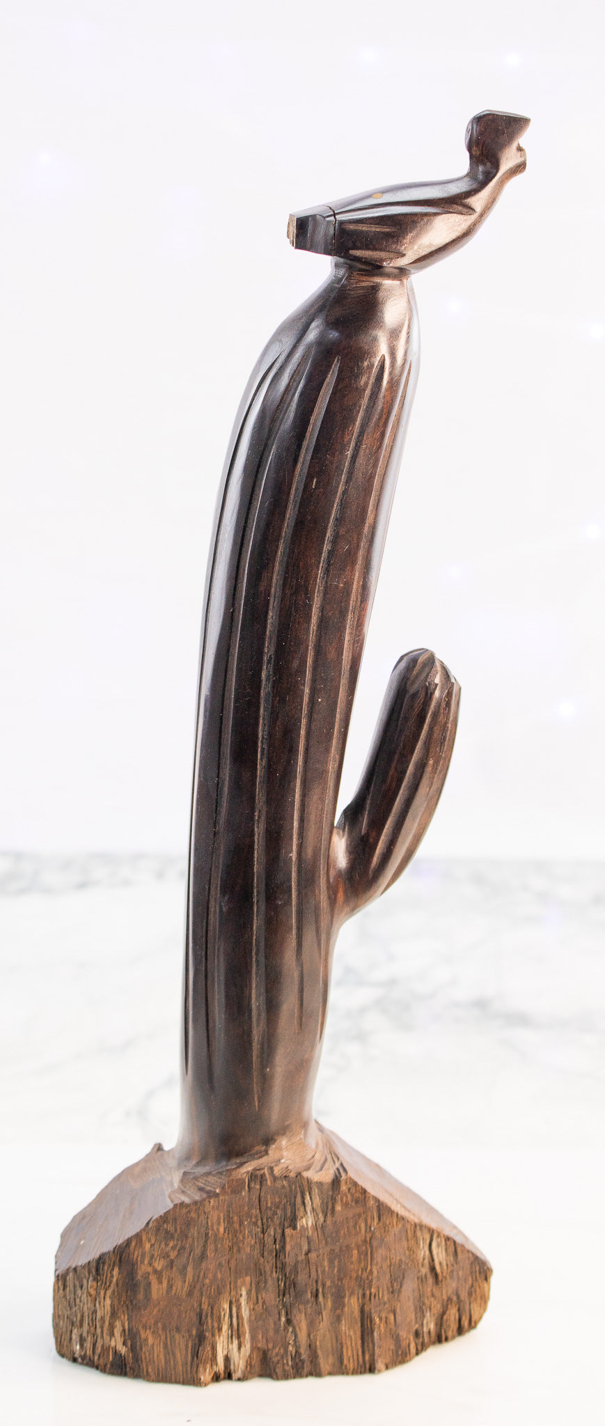Hand-Carved Wooden Cactus Sculpture w/ Bird | Southwest Modern Folk Art | c. 1950s–70s
