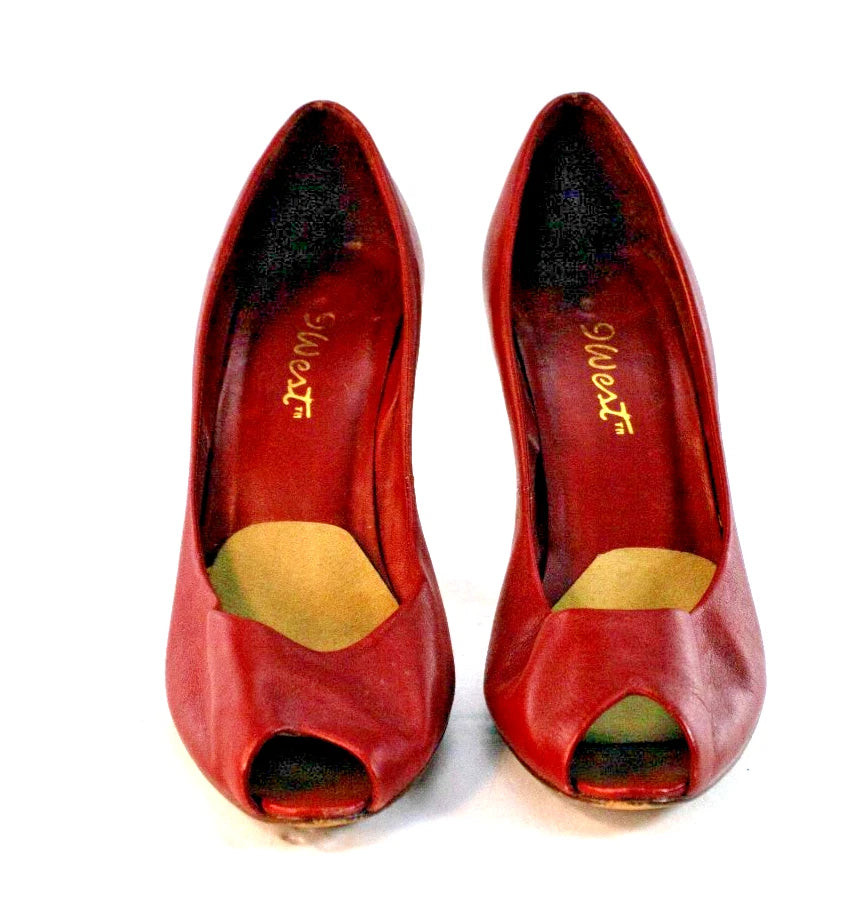 Nine West Burgundy Leather Peep-Toe Heels (Size 8N, Made in Brazil)