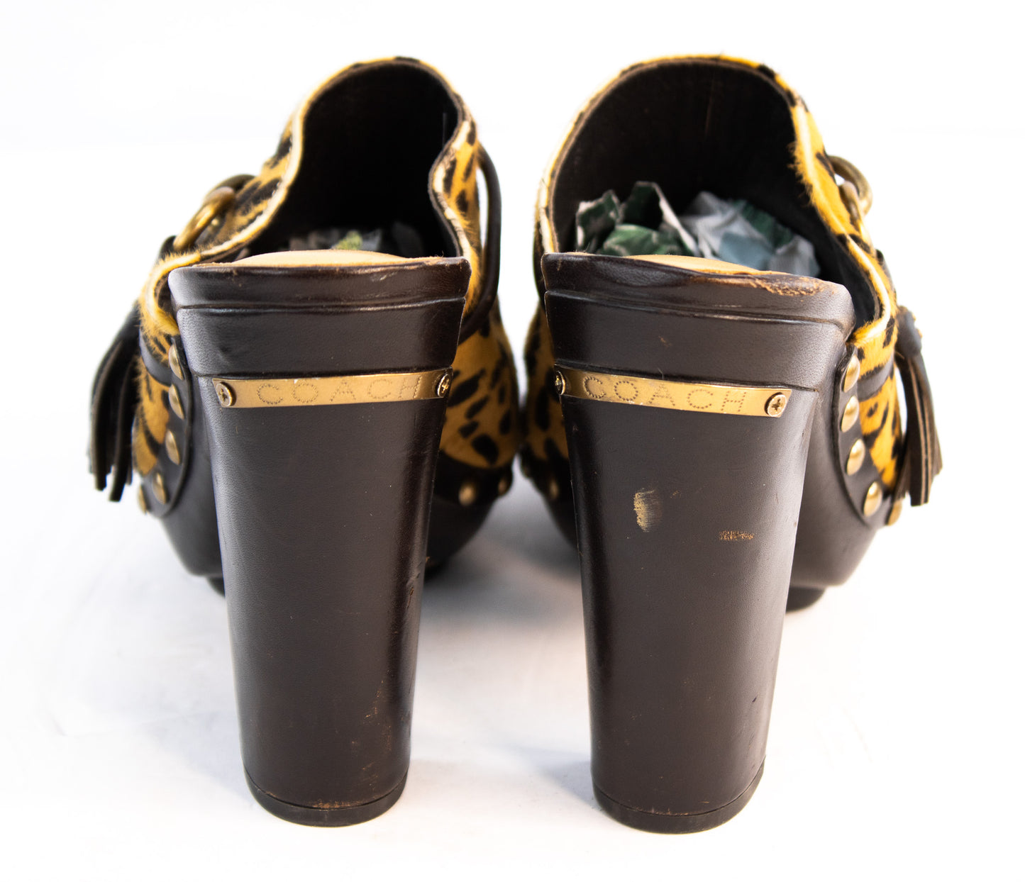Coach Leopard Print Calf Hair Platform Clogs Women’s 8.5 Est Y2K Heels