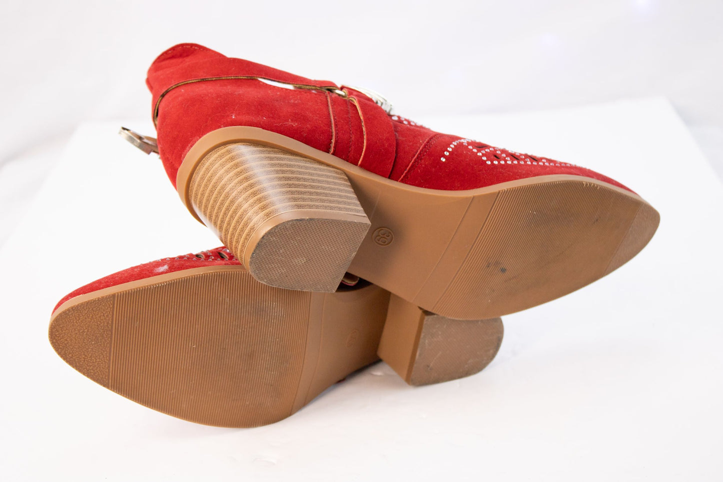Red Studded Western Ankle Booties Womens 8 8.5 EU39 Suede Buckle Heel