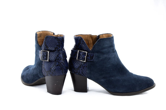 Vionic Navy Suede & Snake Print Ankle Booties – Women’s 8.5M Block Heel Zip Boot