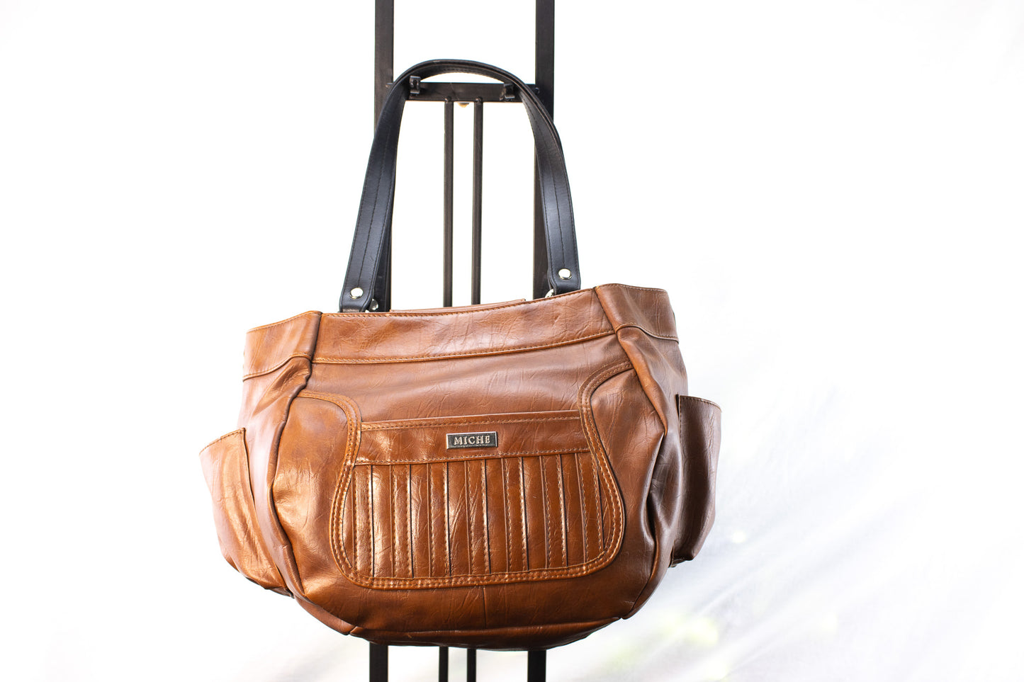 Miche Brown Leather Tote Handbag with Black Handles