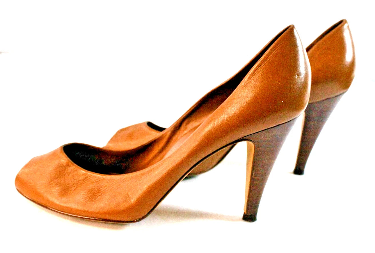 9 West “Kristy” Peep-Toe Heels – Caramel Brown Leather – Size 8M Made in Brazil