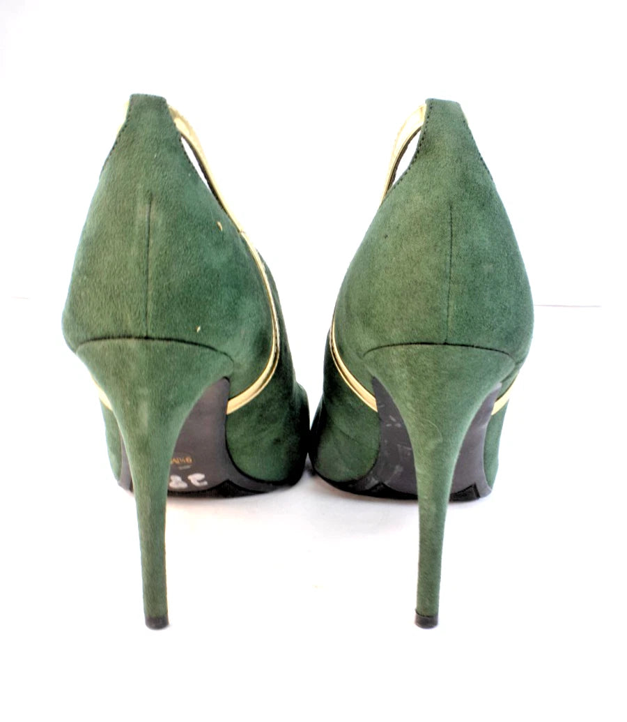 Marc Fisher Pointed-Toe Stiletto Pumps – Forest Green Suede w/ Gold Trim – Women