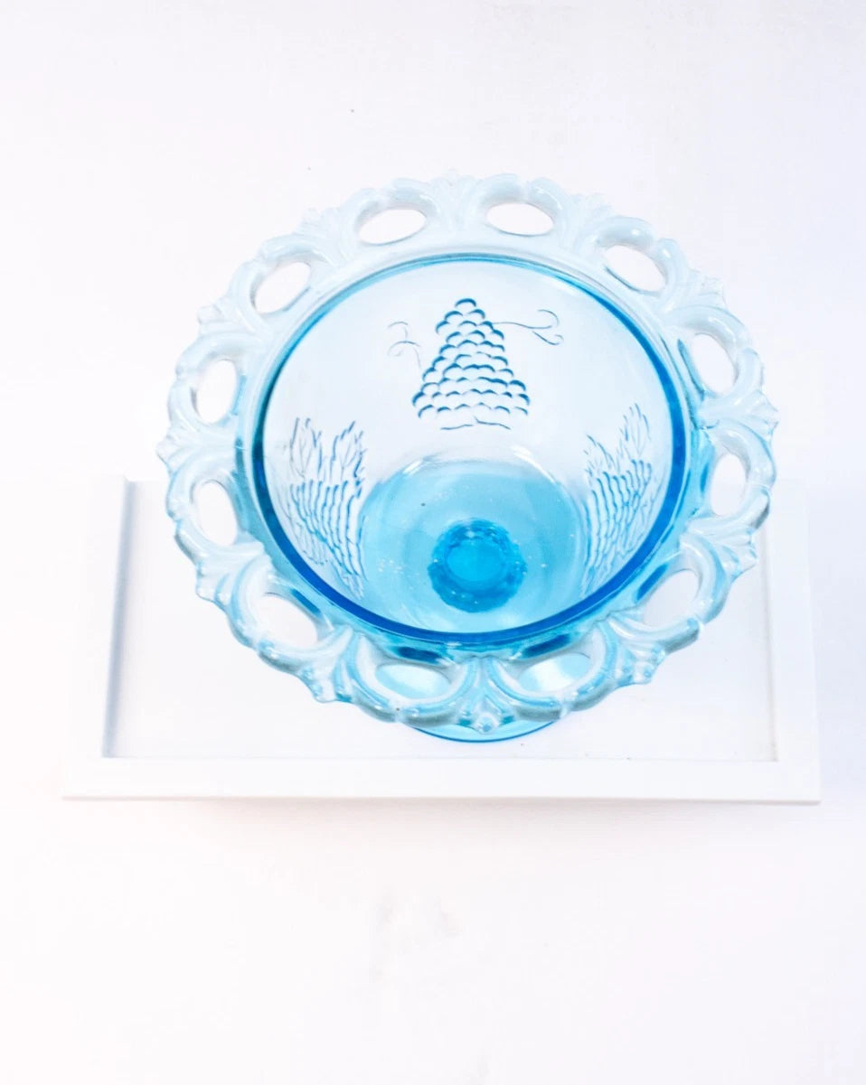 Vintage Aqua Blue Glass Compote with Lid – Harvest Grape Pattern Pedestal Candy