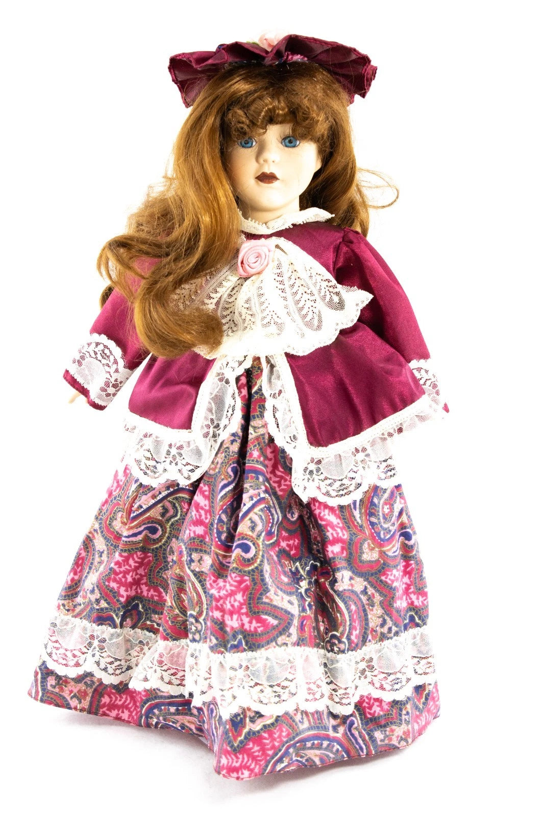 Vintage Porcelain Doll • Burgundy Paisley Dress • Victorian Lace Style • 16"