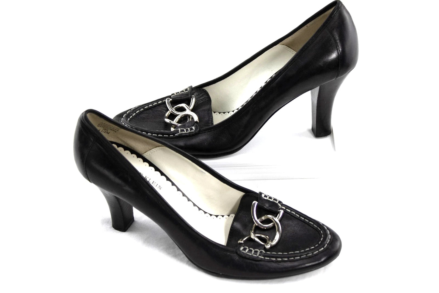 Anne Klein iFlex Leather Heels | Size 8.5M | Black Loafers with Silver Bit | AK