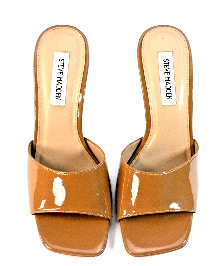🔥 Steve Madden Tan Patent Mule Heels | Size 8.5 | Glossy Stiletto Pumps