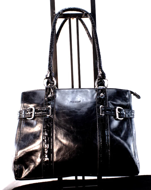 ✨ Diverso Black Patent-Trim Leather Tote – Made in Spain – Triple Compartment
