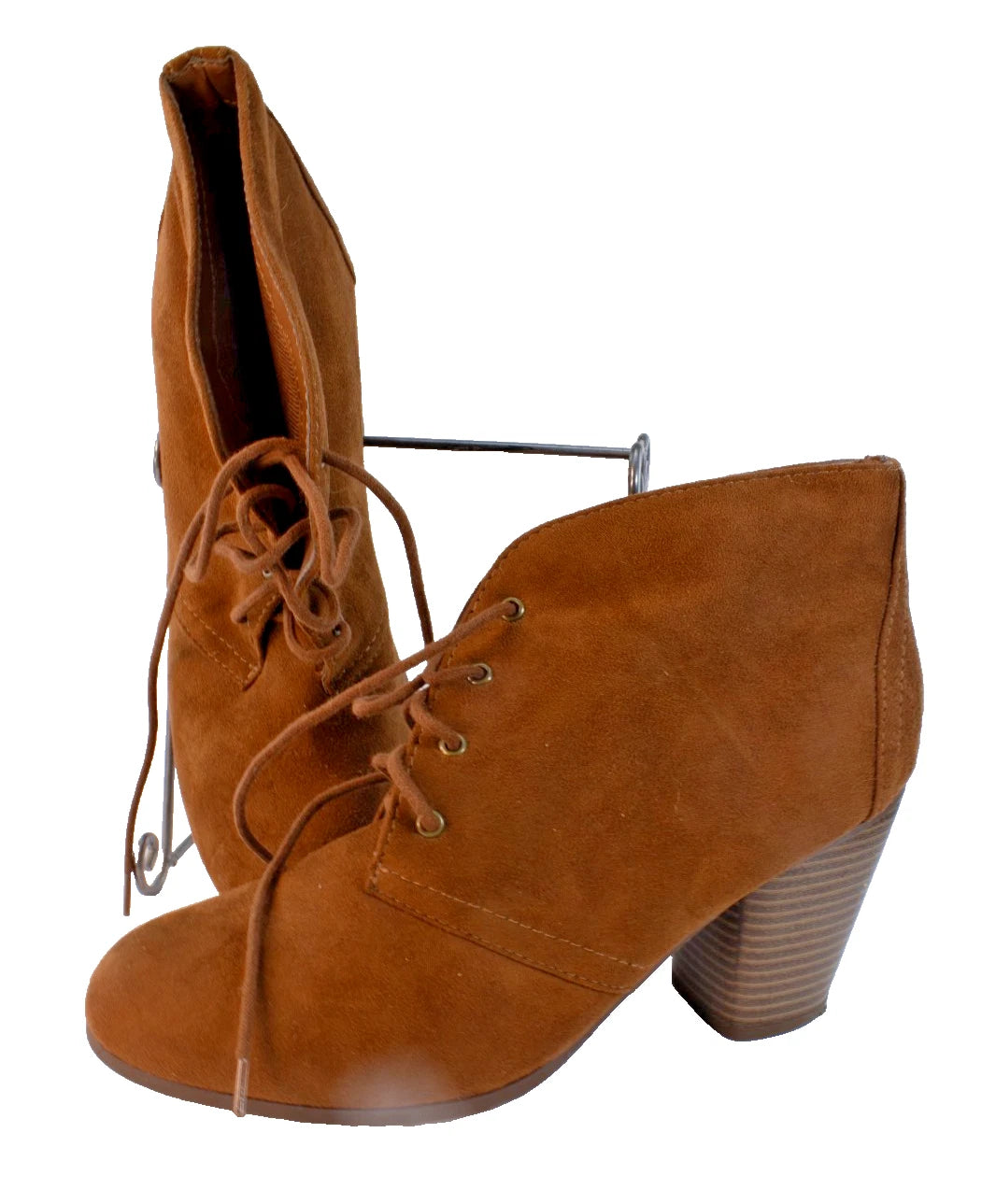 Y-Not? Cognac Faux-Suede Lace-Up Ankle Booties (Stacked Heel)