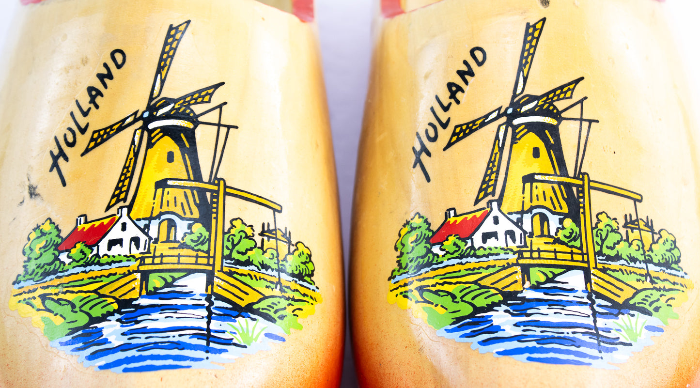 Vintage Dutch Wooden Clogs – Hand Painted Holland Windmill Folk Art Shoes