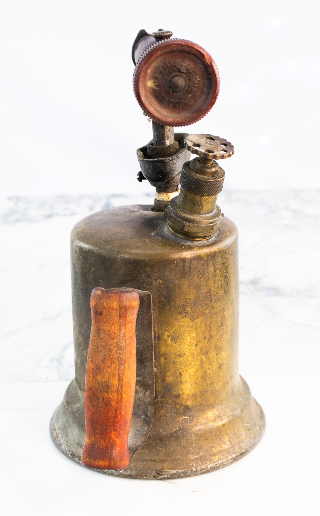 Antique Brass Blowtorch Gasoline Torch w Wood Handle Otto Bernz Era