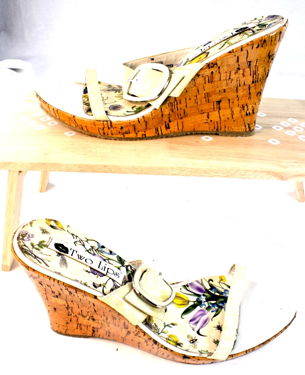 Two Lips “Picasso” Wedge Sandals 9M – Cream Straps • Floral Footbed • Cork Heel