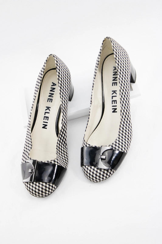 Anne Klein Black White Heels | 6.5M Bow Toe Pumps | Retro Geometric Low Block