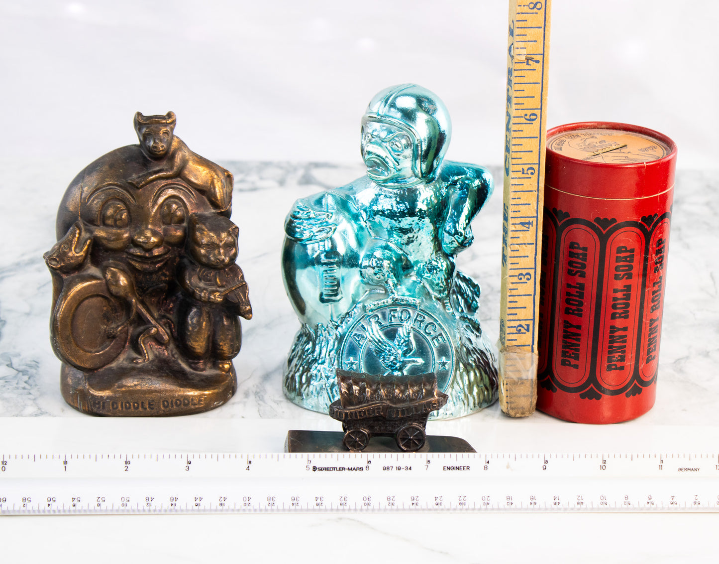 Vintage Americana Collector Bundle, Coin Banks, Pioneer Village Souvenir, Amway Penny Roll Soap