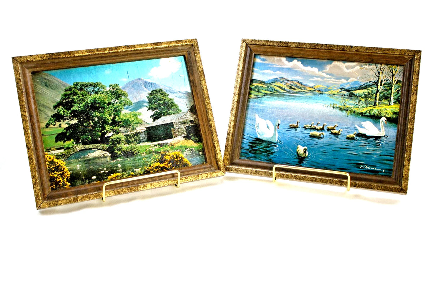 Set of 2 Vintage Foil Art Prints – Cottage Landscape & Swan Lake by L. Osborne –
