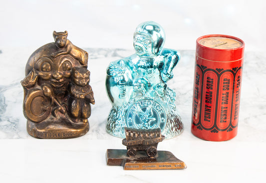 Vintage Americana Collector Bundle, Coin Banks, Pioneer Village Souvenir, Amway Penny Roll Soap