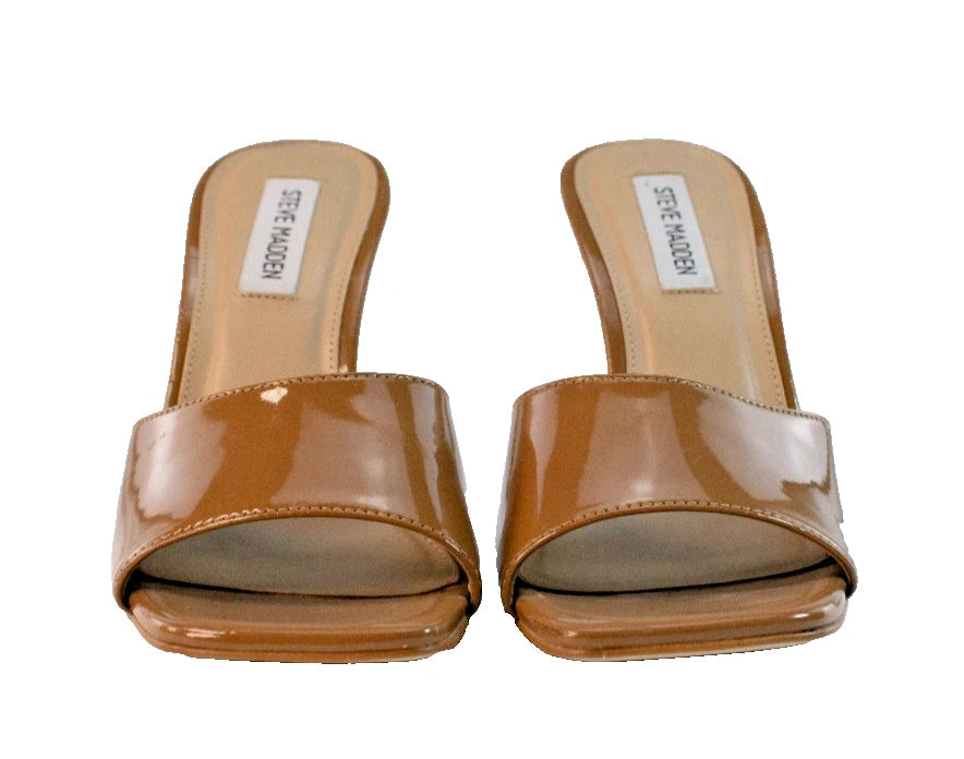 🔥 Steve Madden Tan Patent Mule Heels | Size 8.5 | Glossy Stiletto Pumps