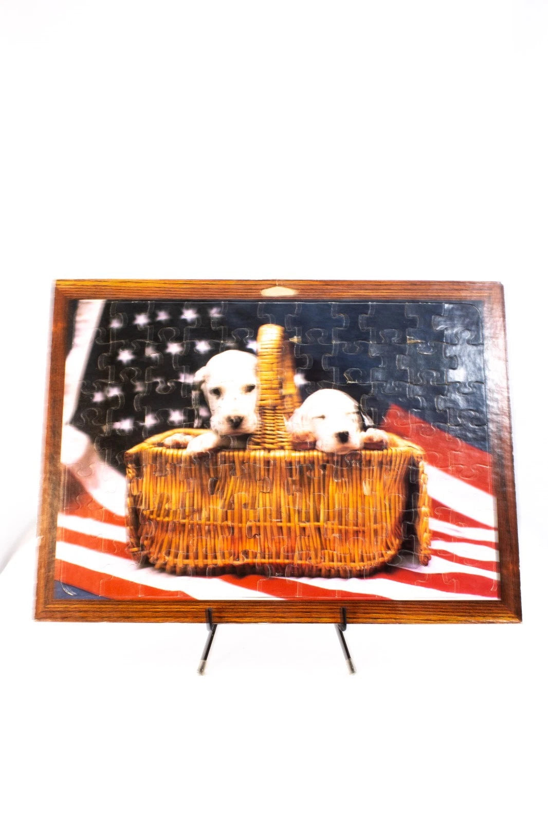 “Puppy Love & Patriotism” — 1980s PATCH PRODUCTS Wall Puzzle — Framed Americana