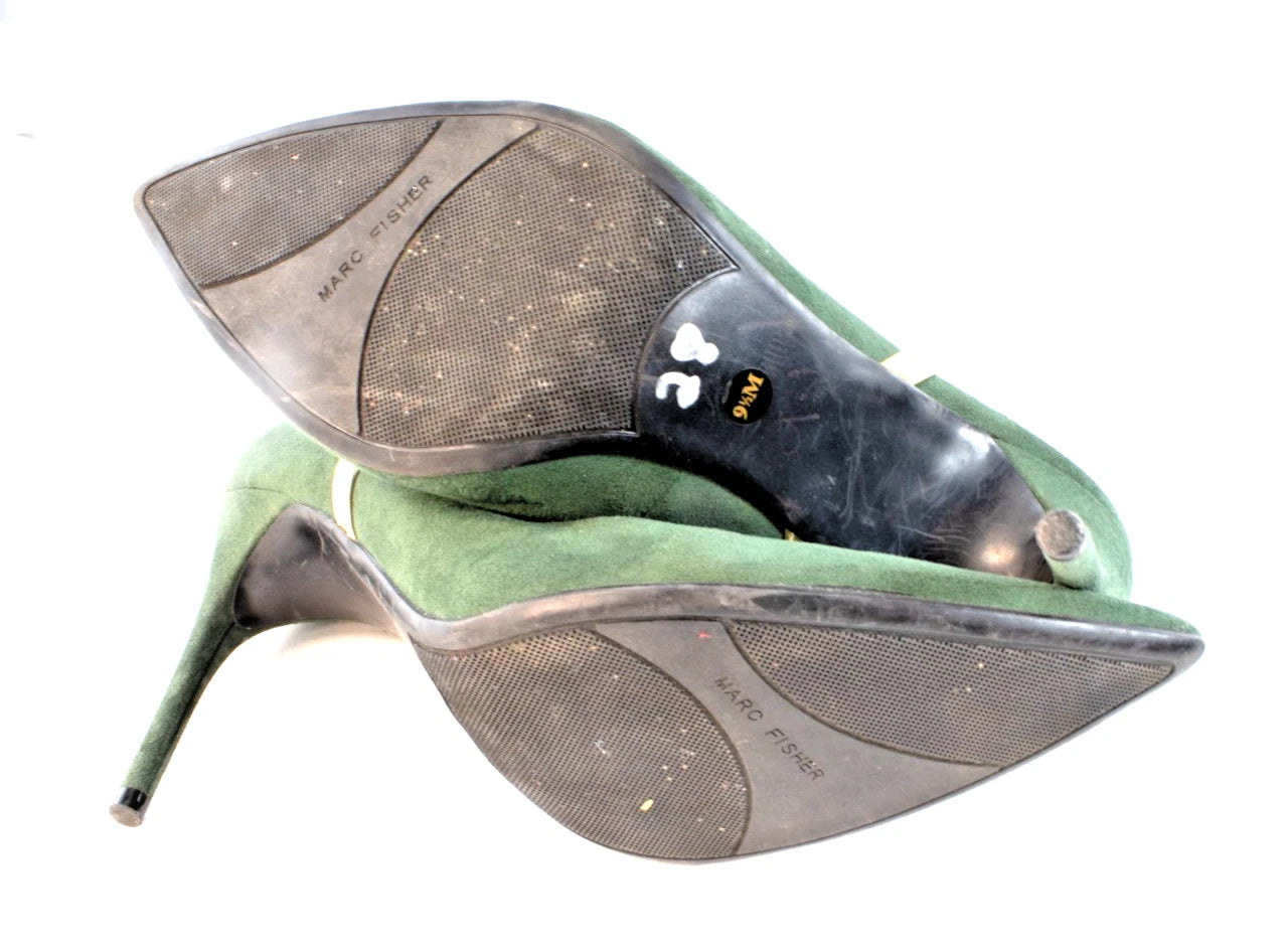 Marc Fisher Pointed-Toe Stiletto Pumps – Forest Green Suede w/ Gold Trim – Women