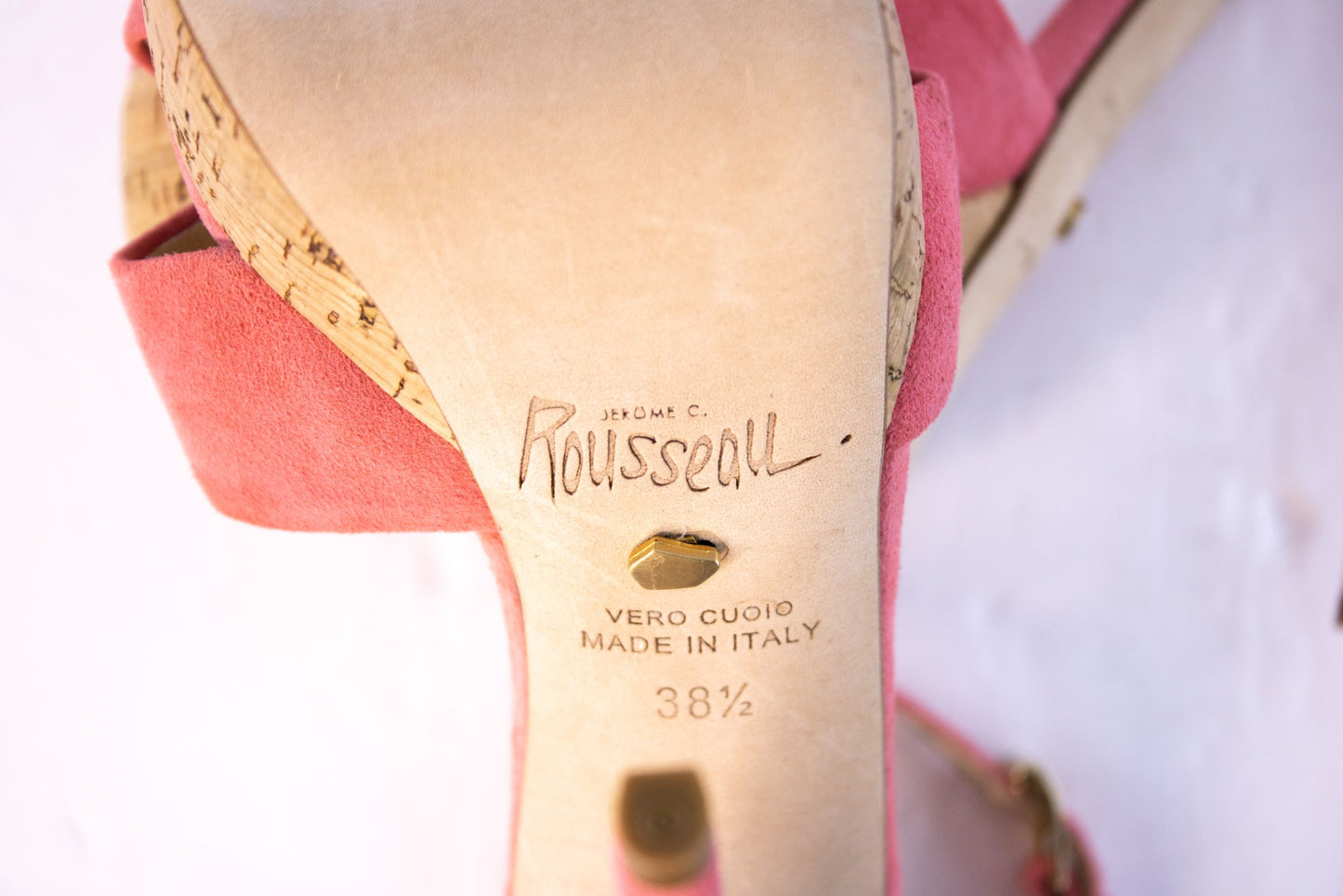 Jerome C Rousseau Zell Heels 38.5 Coral Suede Cork Platform Italy