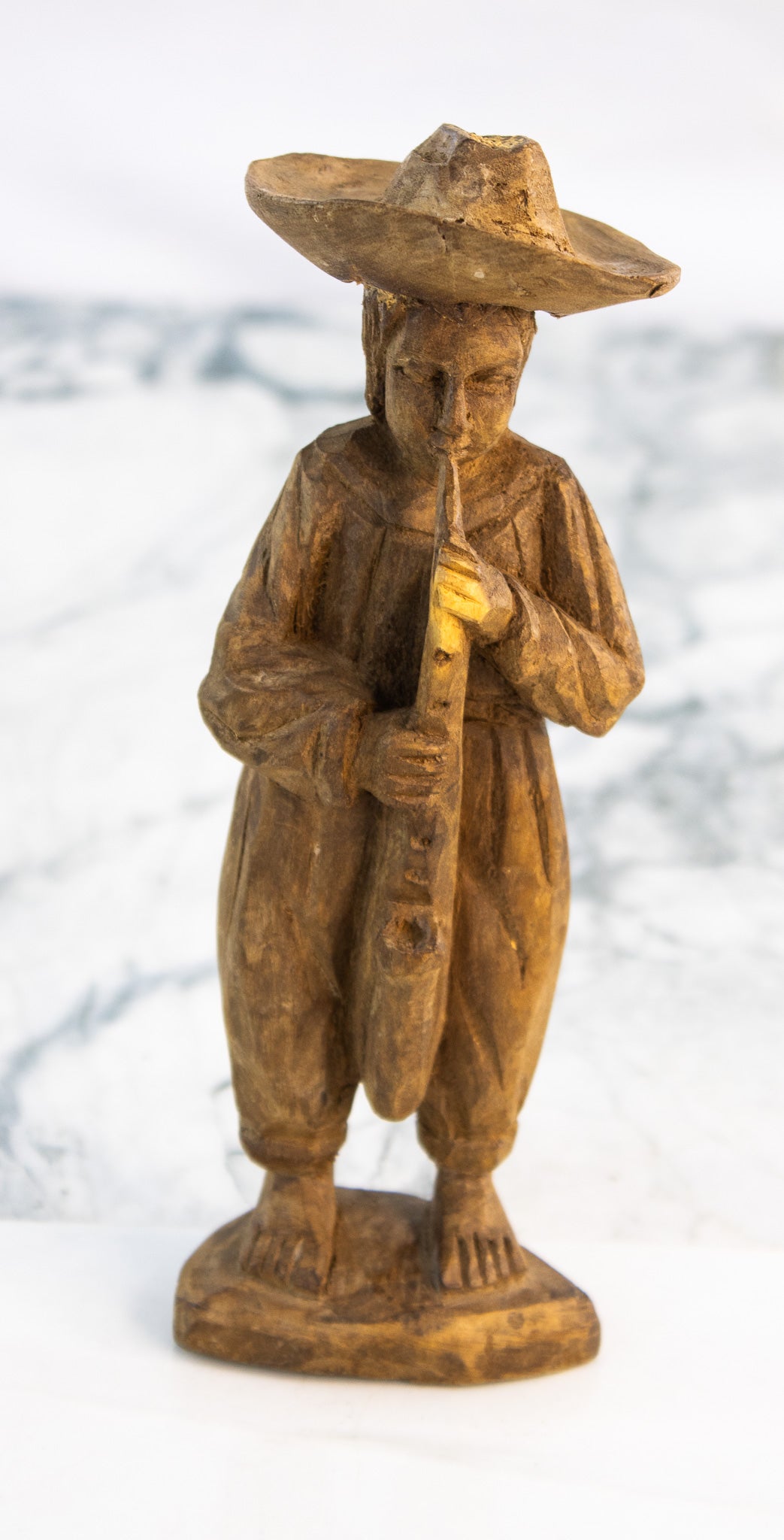Vintage Mexican Hand-Carved Wooden Folk Art Figure with Flute