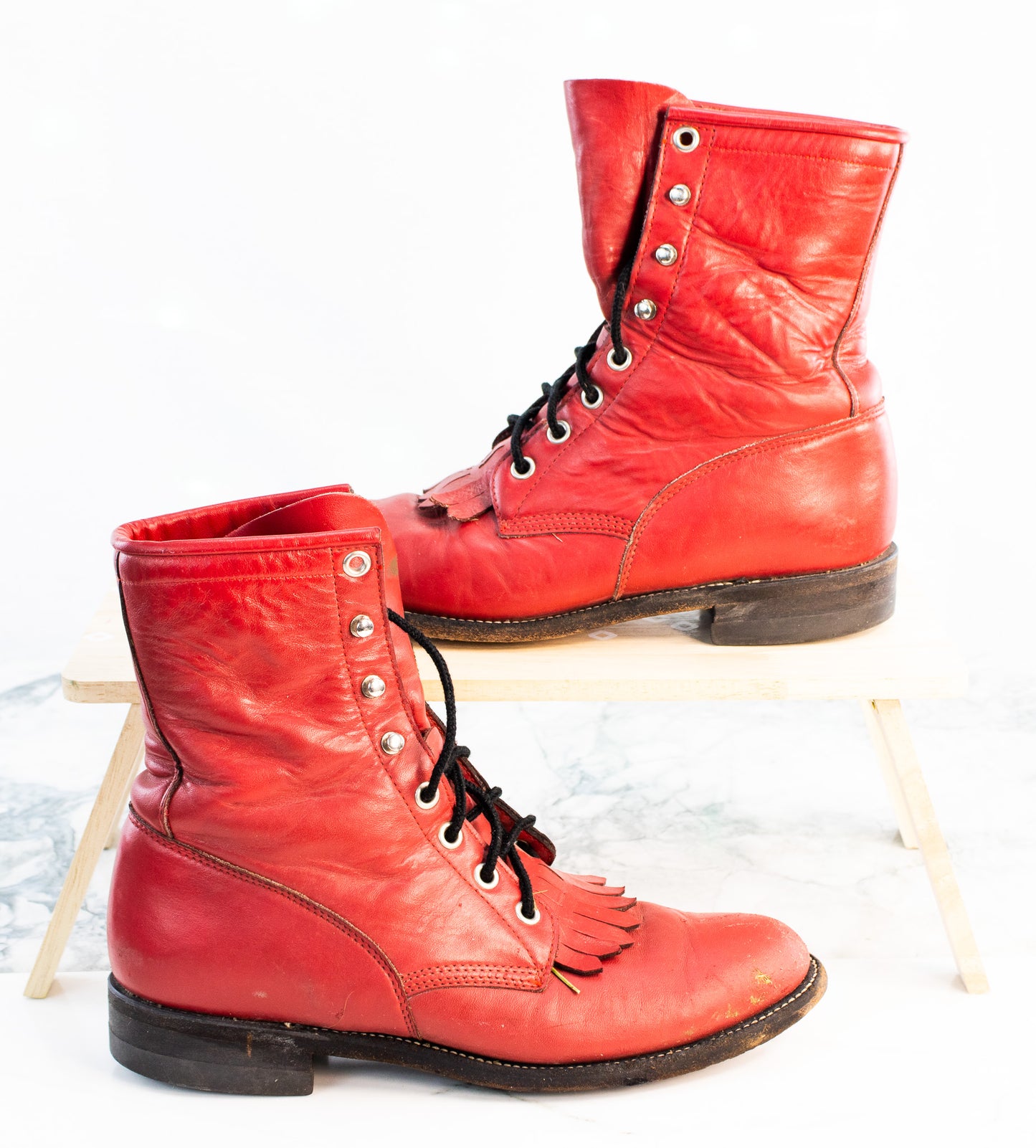 Vintage Justin Red Lace Up Boots Womens 6.5 Fringe Leather USA