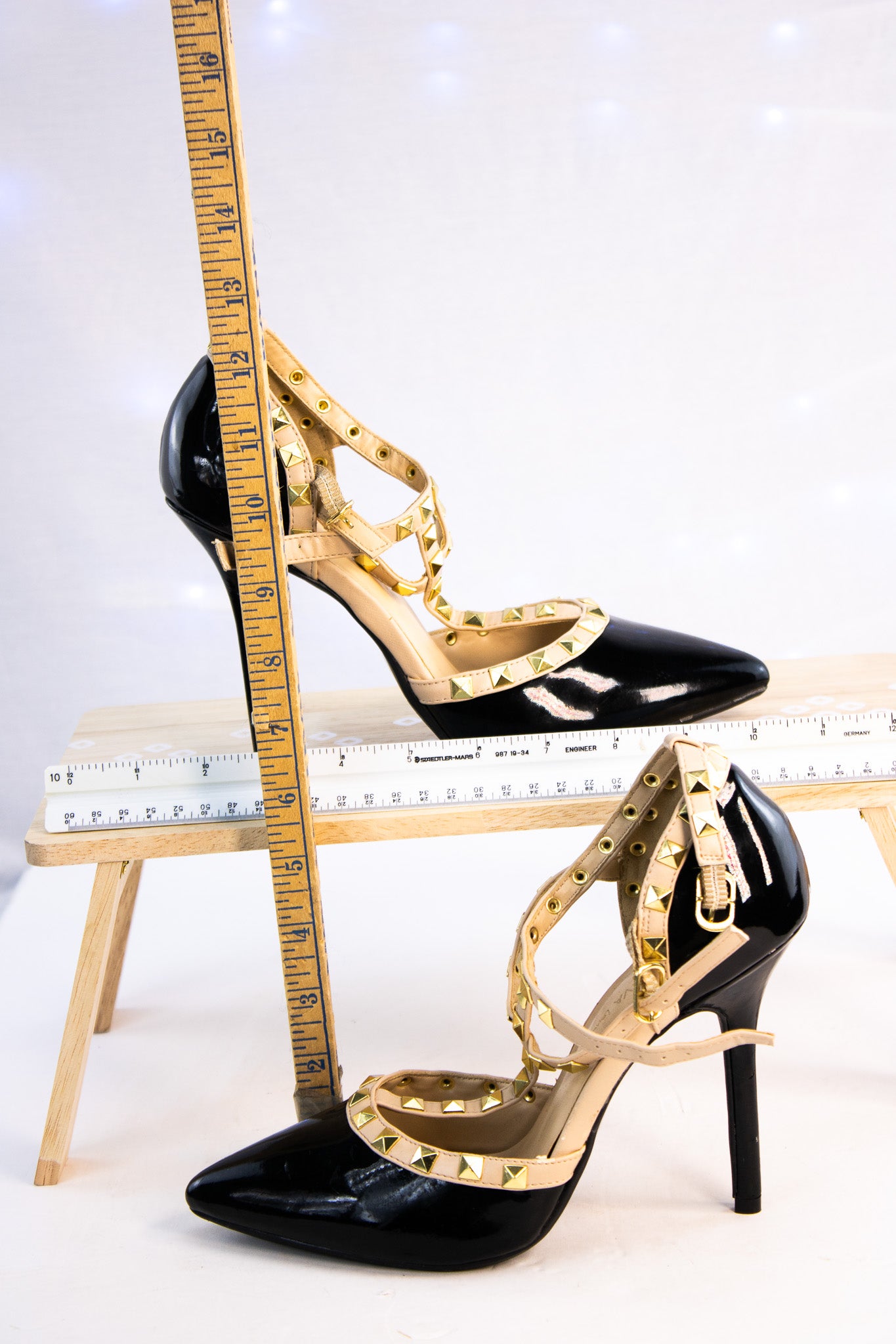 Studded T-Strap Heels Black Patent Gold Accents – Wild Diva Lounge 7.5