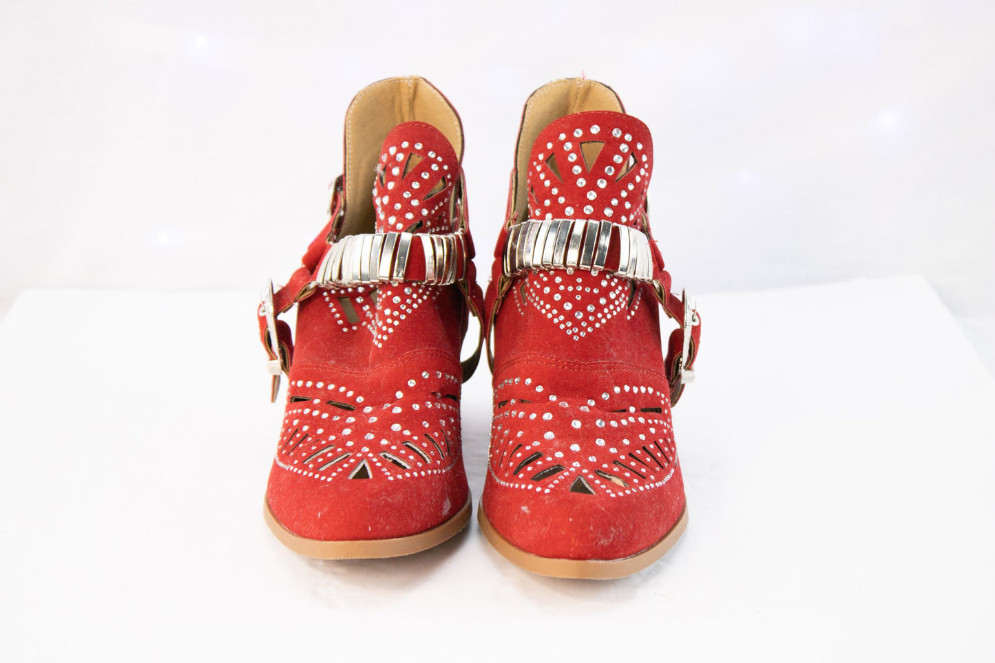 Red Studded Western Ankle Booties Womens 8 8.5 EU39 Suede Buckle Heel