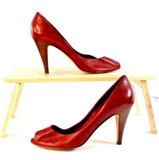 Nine West Burgundy Leather Peep-Toe Heels (Size 8N, Made in Brazil)