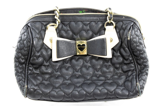 Betsey Johnson Black Quilted Satchel Heart Purse Bow Bag Floral Lining 💕