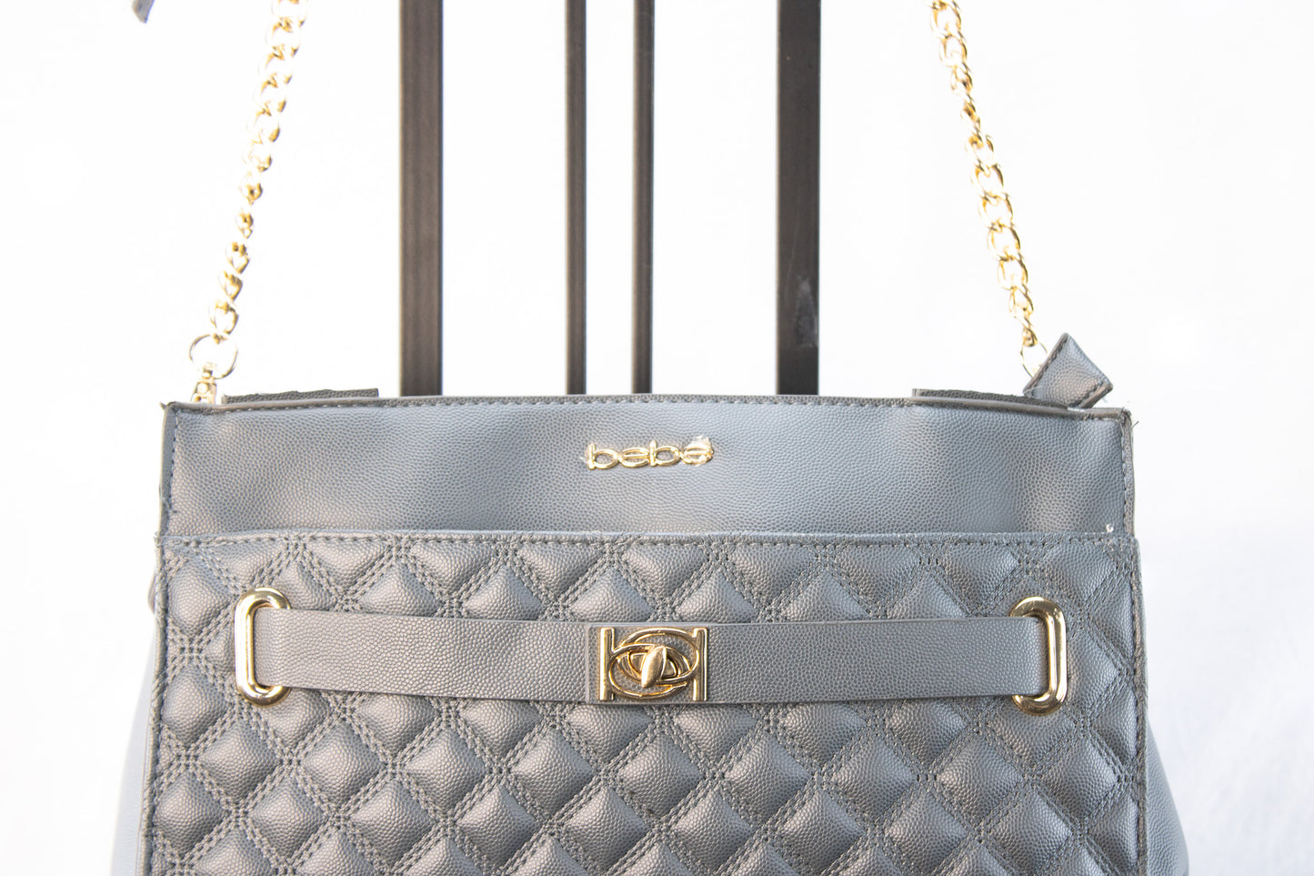 bebe Gray Quilted Chain Strap Shoulder Bag Faux Leather Purse