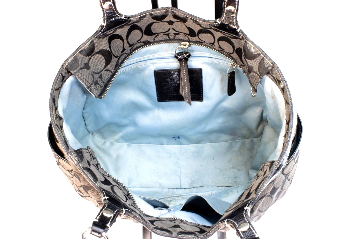 Coach F15141 Signature Stripe Tote – Black Patent Trim, Blue Lining