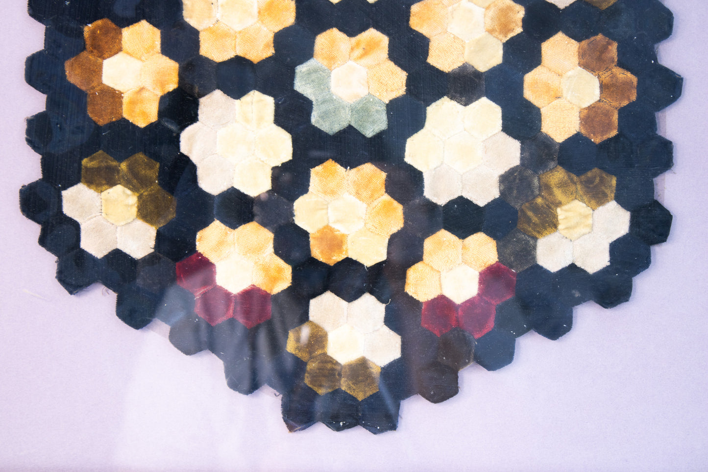 Framed Vintage Hexagon Quilt Textile Art – Hand-Stitched Geometric Fiber Wall Art