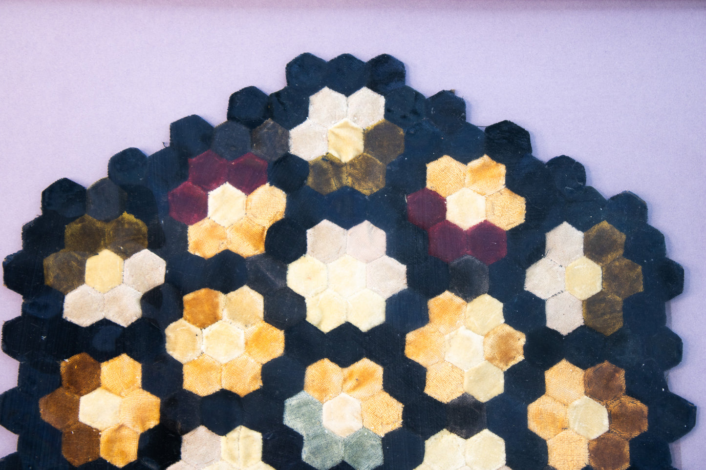 Framed Vintage Hexagon Quilt Textile Art – Hand-Stitched Geometric Fiber Wall Art