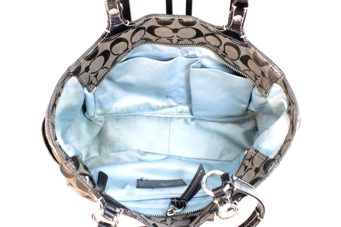 Coach F15141 Signature Stripe Tote – Black Patent Trim, Blue Lining