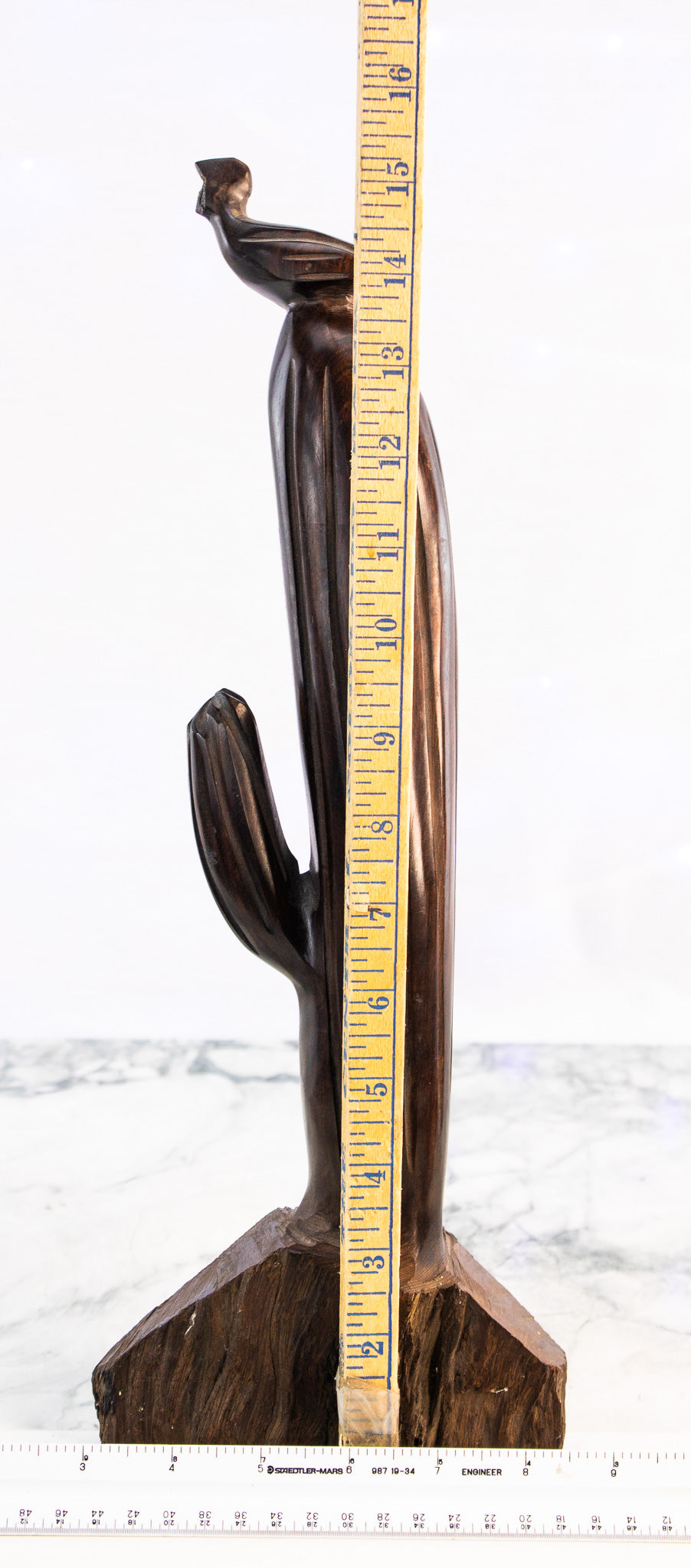 Hand-Carved Wooden Cactus Sculpture w/ Bird | Southwest Modern Folk Art | c. 1950s–70s