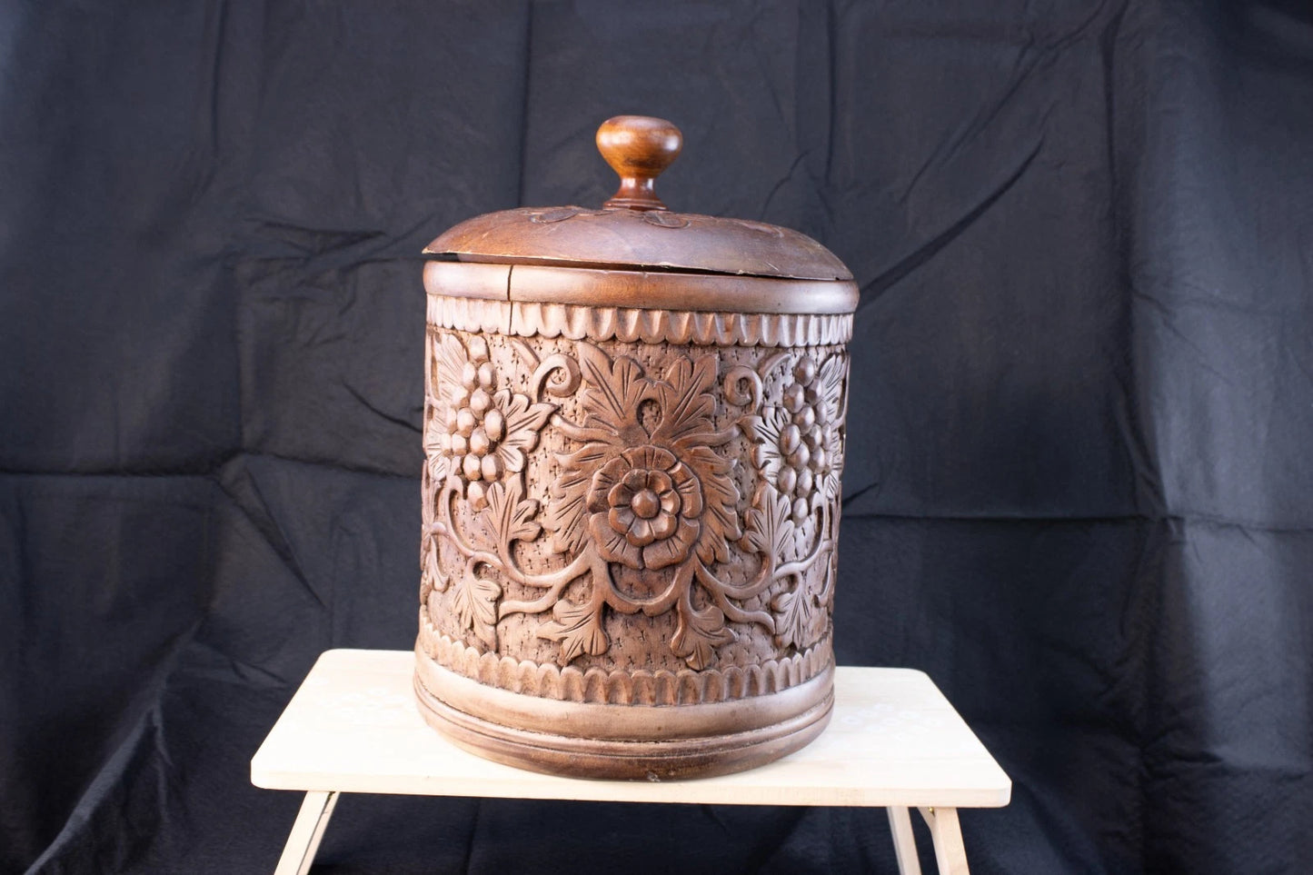 Vintage Hand-Carved Hardwood Floral Jar w/Lid Rustic Artistry from the Old World