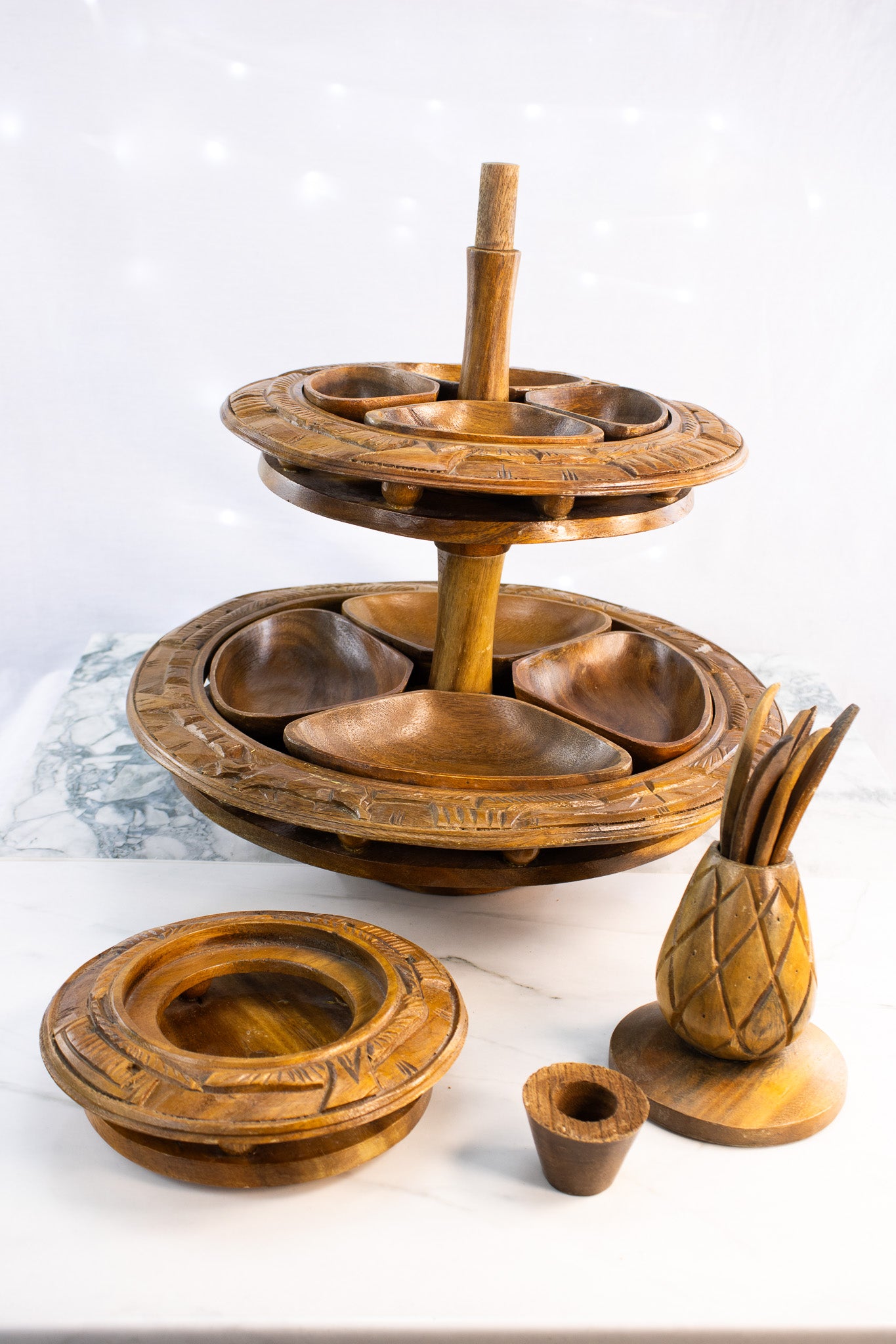 Vintage Hand-Carved Wooden Lazy Susan with Dual Spinning Tiers & Serving Bowls