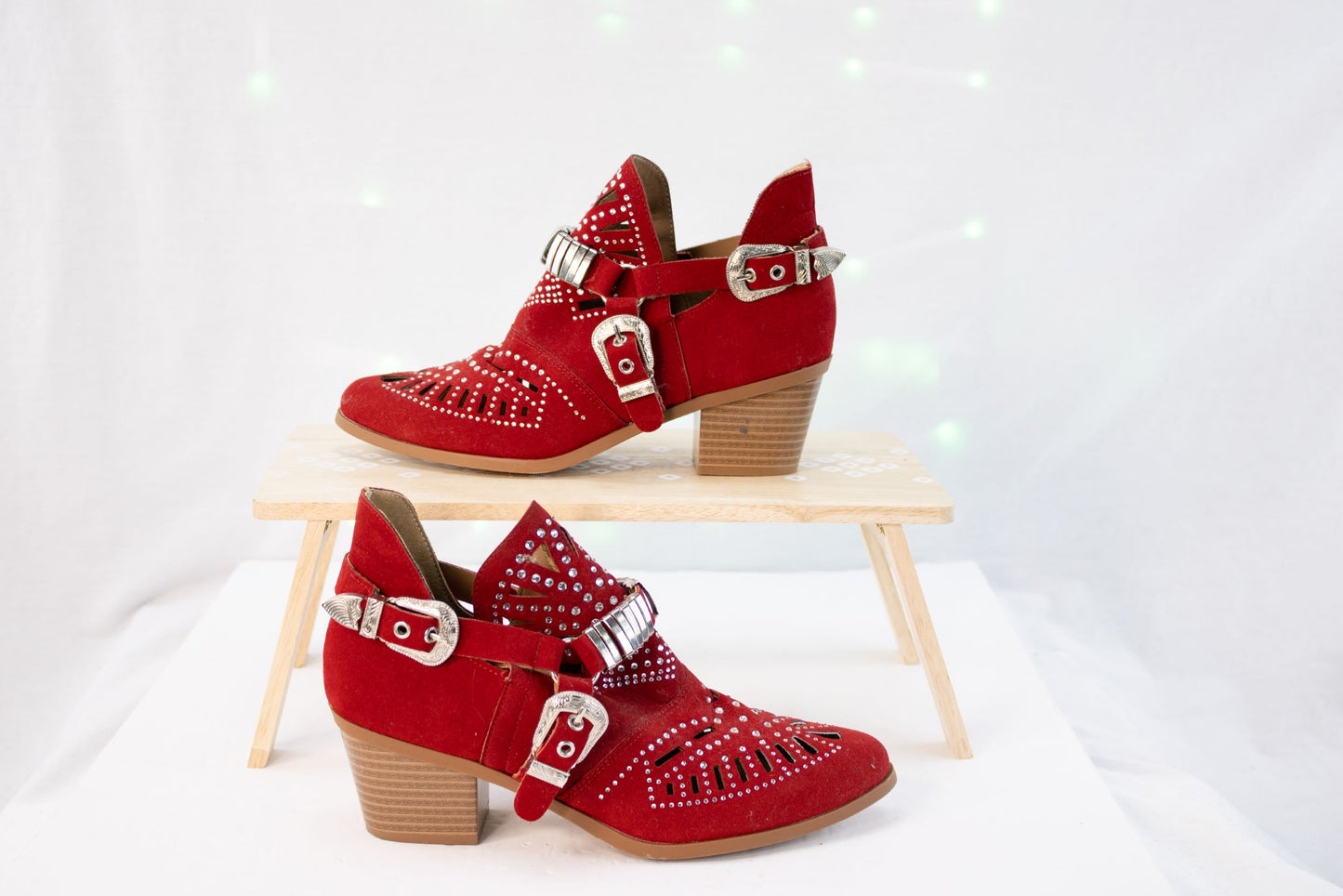 Red Studded Western Ankle Booties Womens 8 8.5 EU39 Suede Buckle Heel