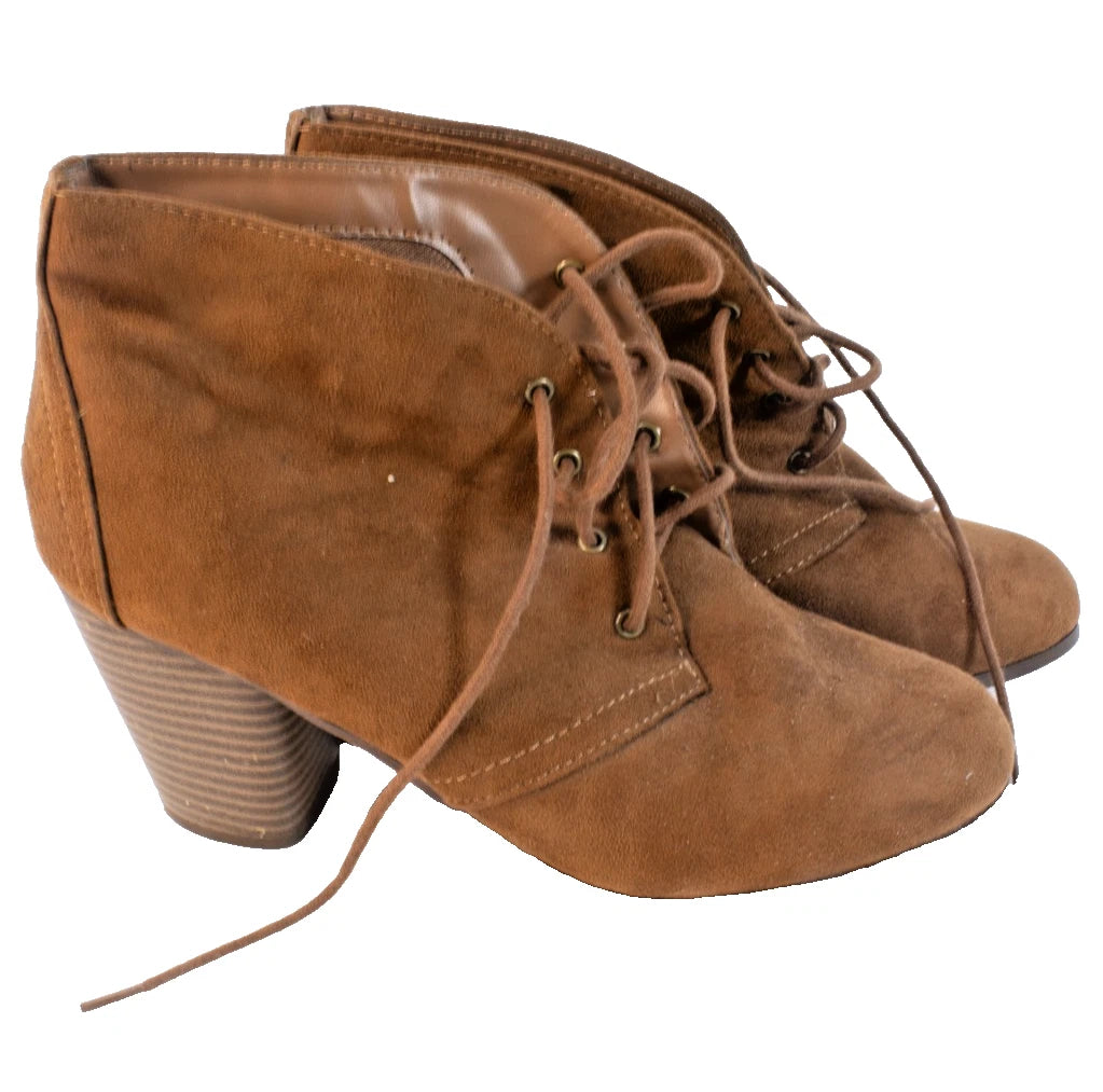 Y-Not? Cognac Faux-Suede Lace-Up Ankle Booties (Stacked Heel)
