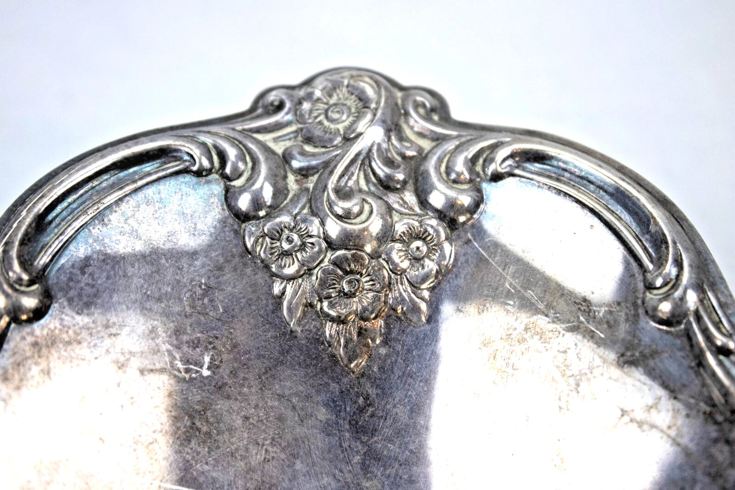 Vintage Silver-Plated Serving Tray – Ornate Floral Scroll – Aged Patina Look