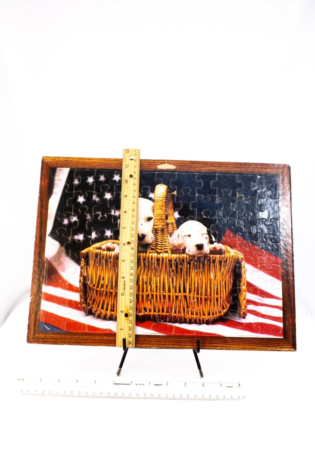 “Puppy Love & Patriotism” — 1980s PATCH PRODUCTS Wall Puzzle — Framed Americana